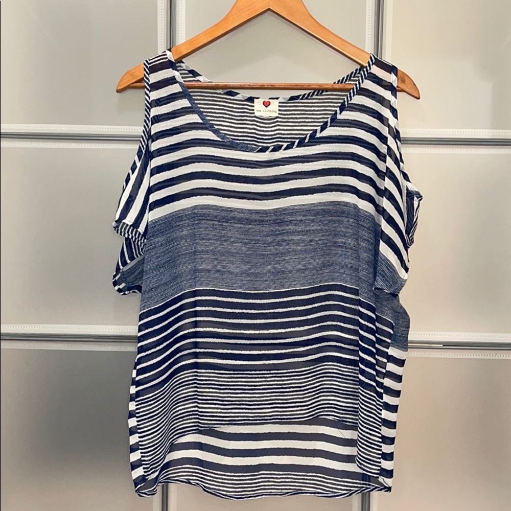 Sheer Blue and White Striped Cold Shoulder Top